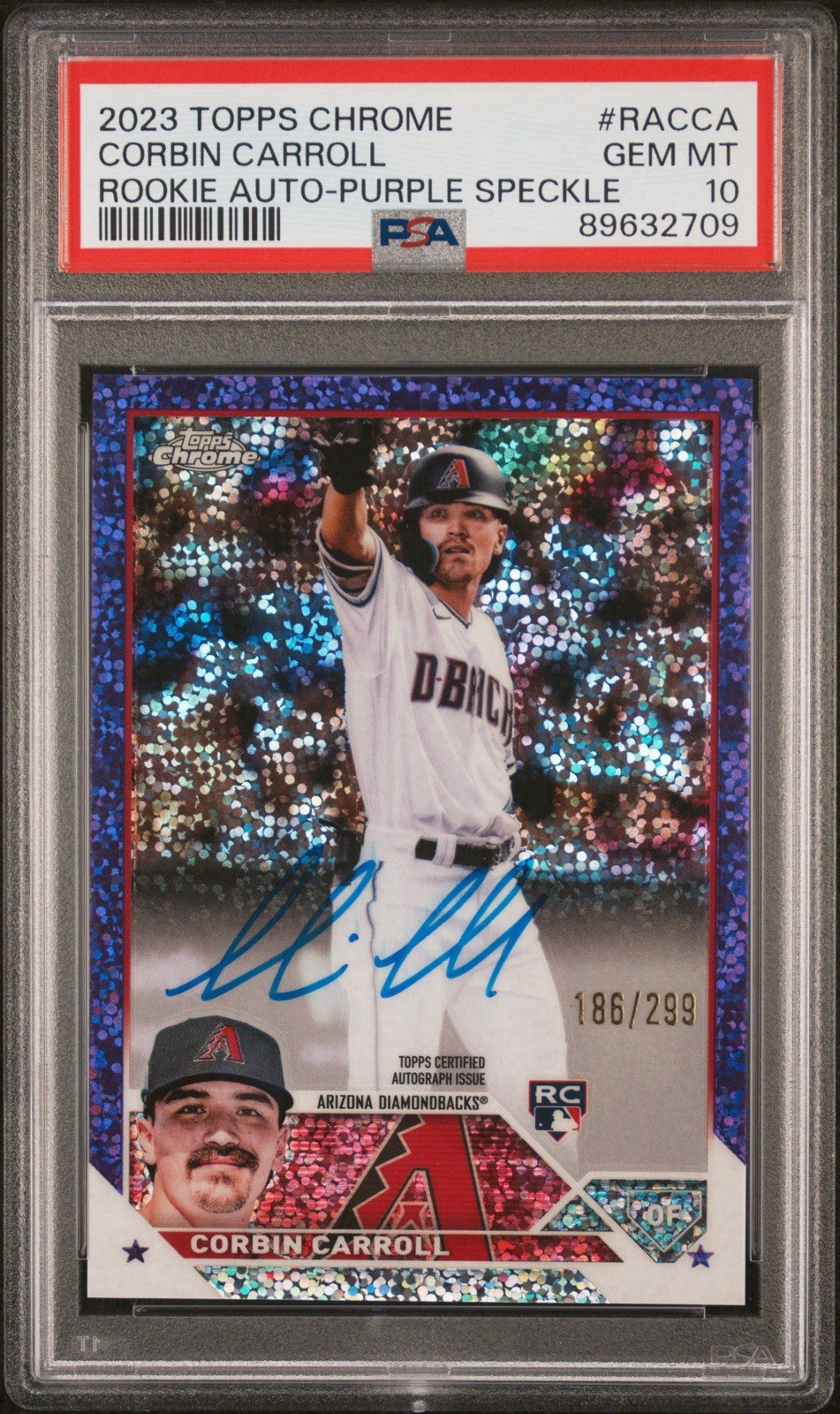 2023 Topps Chrome Corbin Carroll Rookie Auto Purple Speckle #RACCA #/299 PSA 10