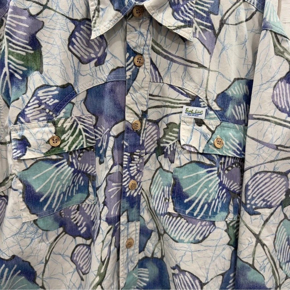 Camisa SURF LINE HAWAII Floral Abotonada Talla L Azul Verde Cuello Manga Larga Foto 3 de 4