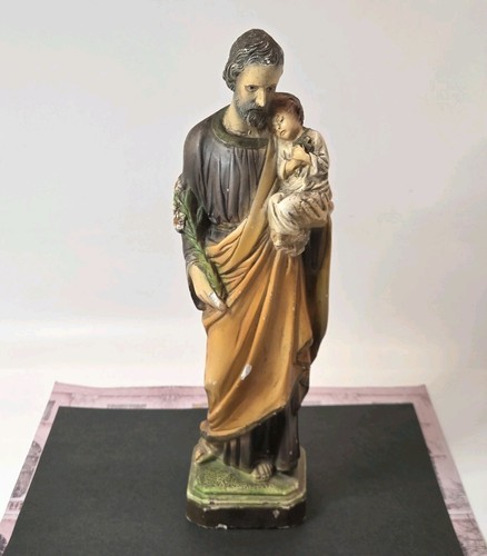 Vtg Saint Joseph & Baby Jesus Chalkware Statue Cross Lilies 12" Chippy READ