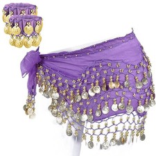3 Rows Belly Dance Hip Skirt Scarf Wrap Belt with Bracelets Gold Coins Purple US