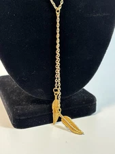 Lariat Necklace Long 36 inch for Layering Boho Style Gold Tone Feathers 