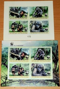 WWF Central African Republic Imperforate Stamp Sheets Lot – MONKEYS MNH 2012-15