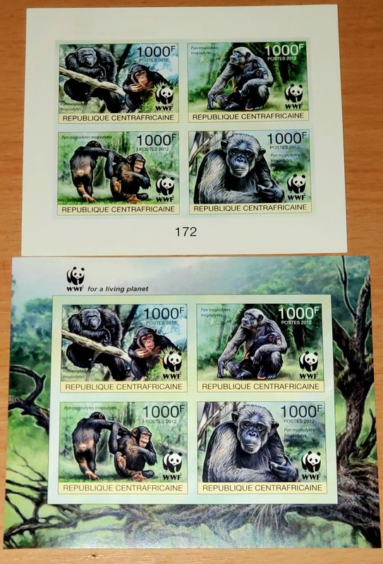 WWF Central African Republic Imperforate Stamp Sheets Lot – MONKEYS MNH 2012-15