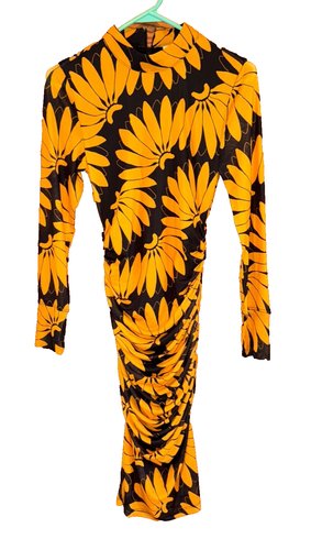Farm Rio Gelb Copabanana Tüll XS Midikleid Bodycon Langarm Blumenmuster