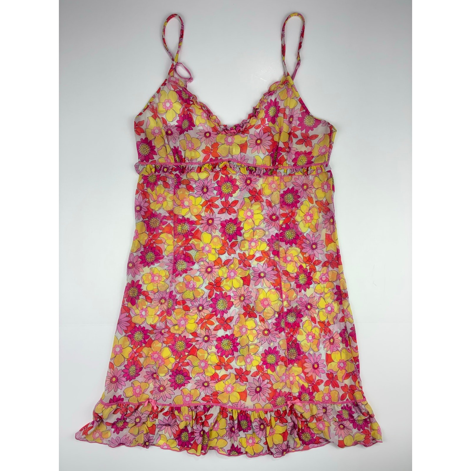 P.Salvage Women Sheer Floral Babydoll Y2K Whimsy Slip Dress L Pink