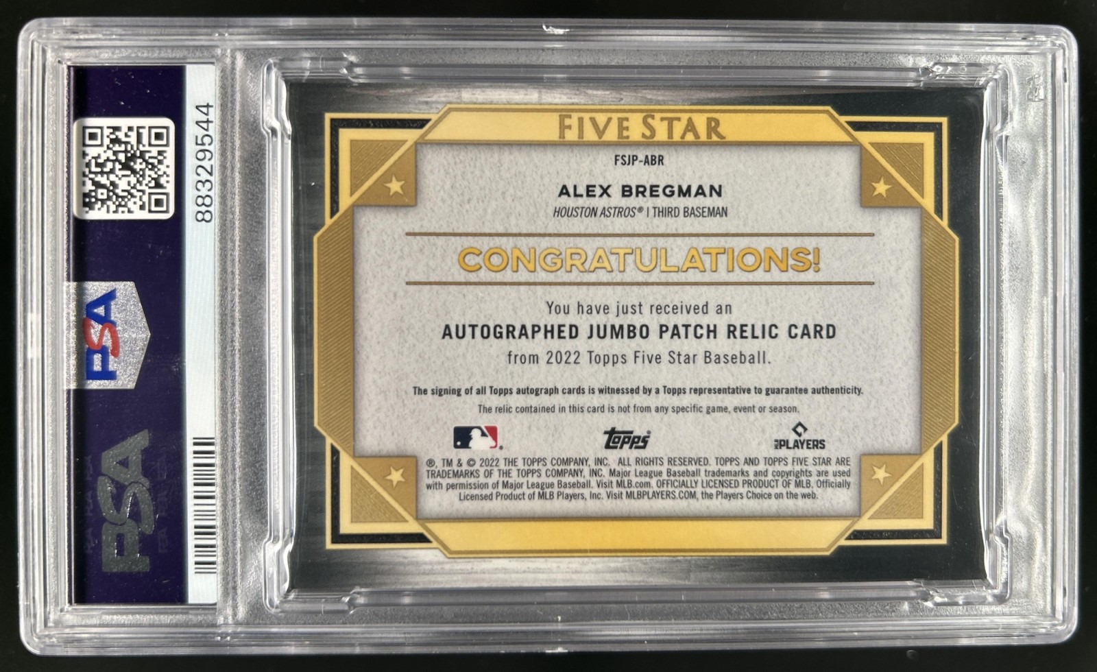 2022 Topps Five Star Alex Bregman Auto Jumbo Prime Jersey #/25 #FSJP-ABR PSA 9 view 2