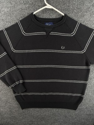 Fred Perry Heavyweight Logo Pullover XL Crew Neck Cotton Black Sweater Striped