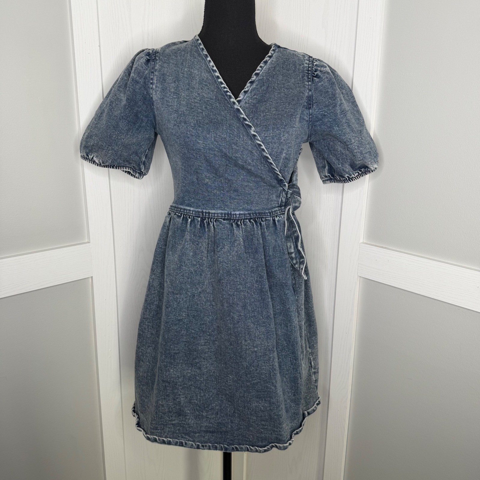 GB Girls Denim Wrap Dress Girls XL Blue Acid Wash Puff Sleeve GG8126NCD