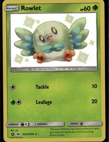 Rowlet Shiny Holo Rare Hidden Fates: Shiny Vault SV2/SV94 Grass Holofoil Pokemon