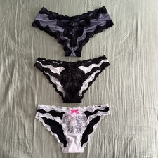 3 x Victoria's Secret Luxe Neutral Black White Gray Lace Panties Cheeky Satin