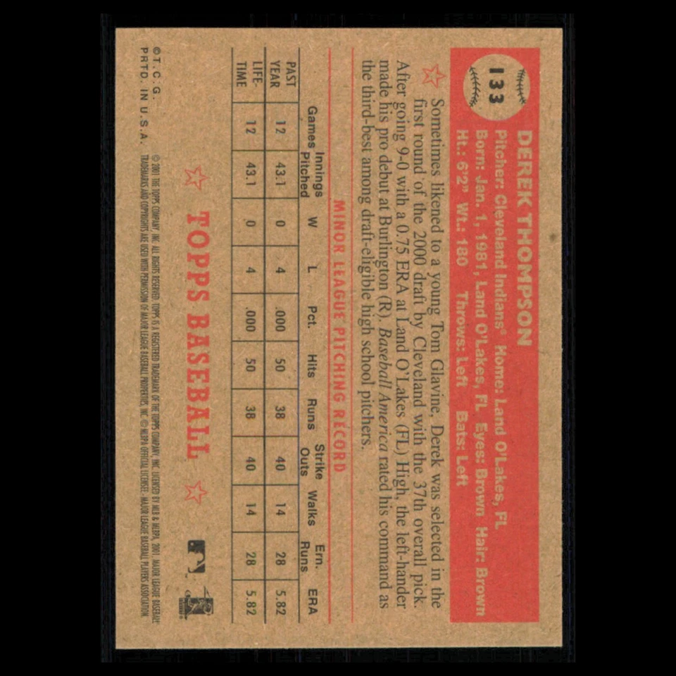 Derek Thompson #133 2001 Topps Heritage Cleveland Indians Baseball Card MLB NM - Image 2 of 3