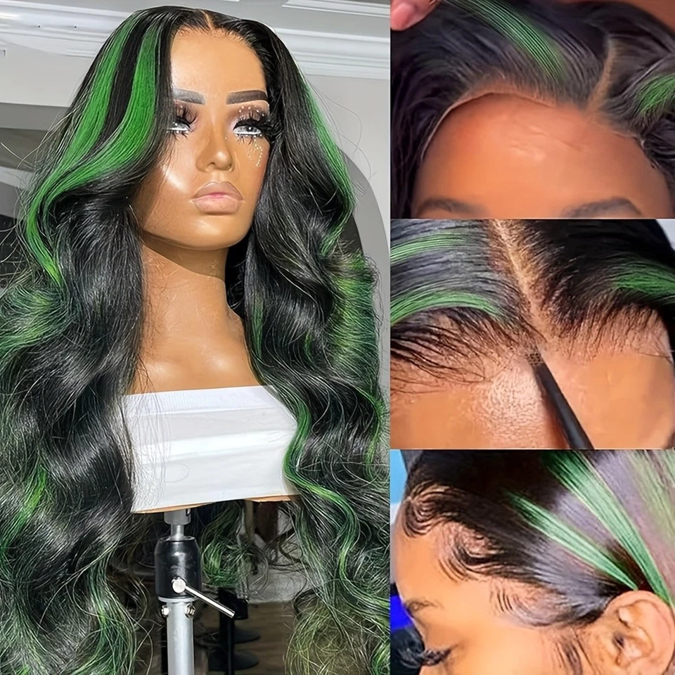 Pelucas delanteras largas onduladas de encaje Ombre Green Highlights línea de cabello natural pre arrancada Foto 4 de 4