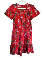 Anthropologie Red Floral Crane Print Cotton Midi Dress V-Neck Women’s M