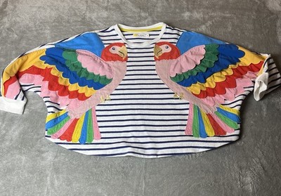 Rare Mini Boden Striped Parrot Appliqué Wings Cropped Shirt Sz 8-9Y