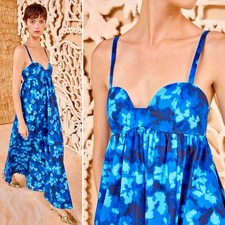 Ulla Johnson Harlan Blue Floral Sweetheart Midi Dress Boho Luxury 0 XS