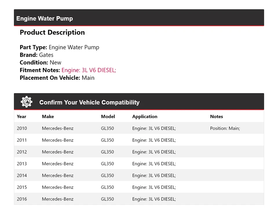 Para Mercedes-Benz GL350 2010-2016 3L V6 motor diésel bomba de agua puertas 2011 2012 Foto 2 de 4