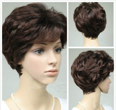 Hot Sell Fashion Short Dark Brown Wavy Curly Women Girl Hair Wig Wigs + Wig Cap