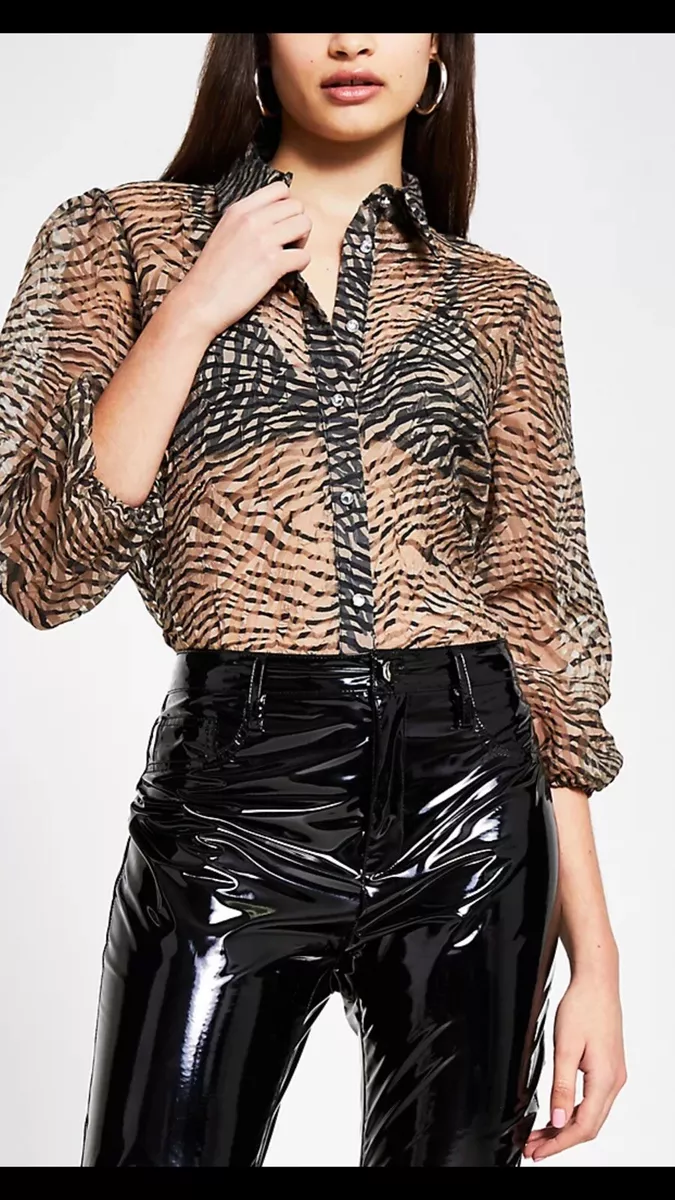 River Island Womens Animal Print Organza Shirt Brown UK 8 Sale eBay