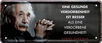 Blechschild Albert Einstein Spruch  EINE GESUNDE VERDORBENHEIT  28x12cm