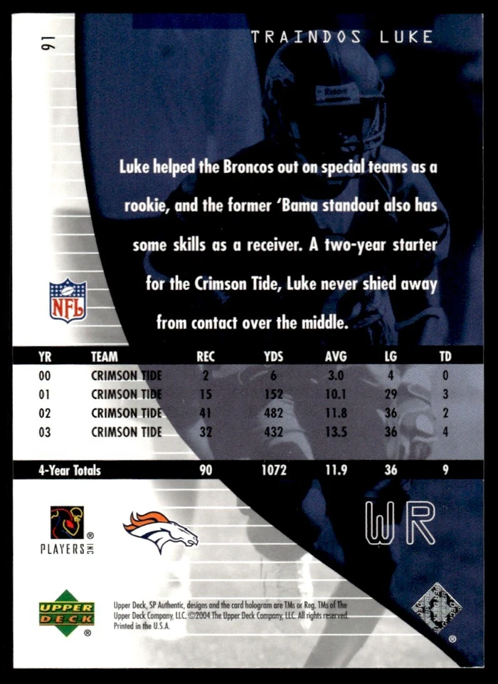 2004 SP Authentic Triandos Luke Rookie 0331/1199 Denver Broncos #91 R150 - Image 2 of 2