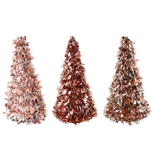 Tinsel Christmas Tree Tabletop Decorations, Rose Gold, 10Inch, 3Piece