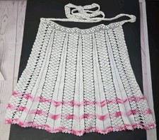 Vintage Half Apron White and Pink Handmade Crocheted 19 in Long