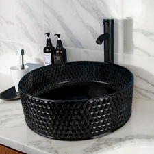 16" Black Crystal Bathroom Vessel Sink Round Glass Basin Bowl Combo Faucet Drain