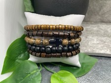 5 PC Handmade Boho Wood Bead Stackable 7  Plus Stretch Charm Bracelet Set B3978