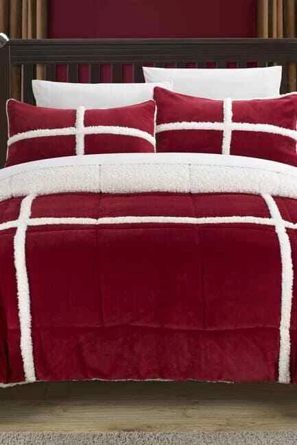 $182 CHIC HOME Bedding Comforter Set Camille Box Queen Shearling Lined Red Set - Image 2 of 4