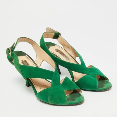 Prada Size 38 Green Suede Criss Cross Open Toe Slingback Sandals