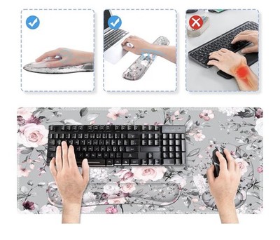 iCasso Floral Extended Mouse Pad & Wrist Rest Set, Gray Pink White