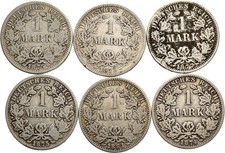 Künker: Kaiserreich, 6 x 1 Mark 1874 - 1881 A, B, J, Silber, siehe Bilder