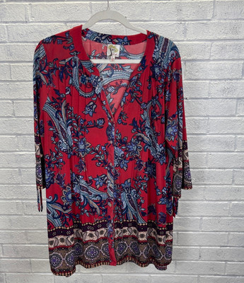 Fig and Flower Red Paisley Jersey Knit Pleated Tunic Top Womens 2X Boho Resort