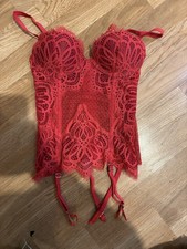 Victoria's Secret Lingerie 32B Red Corset Garter Straps Lace Zip Back