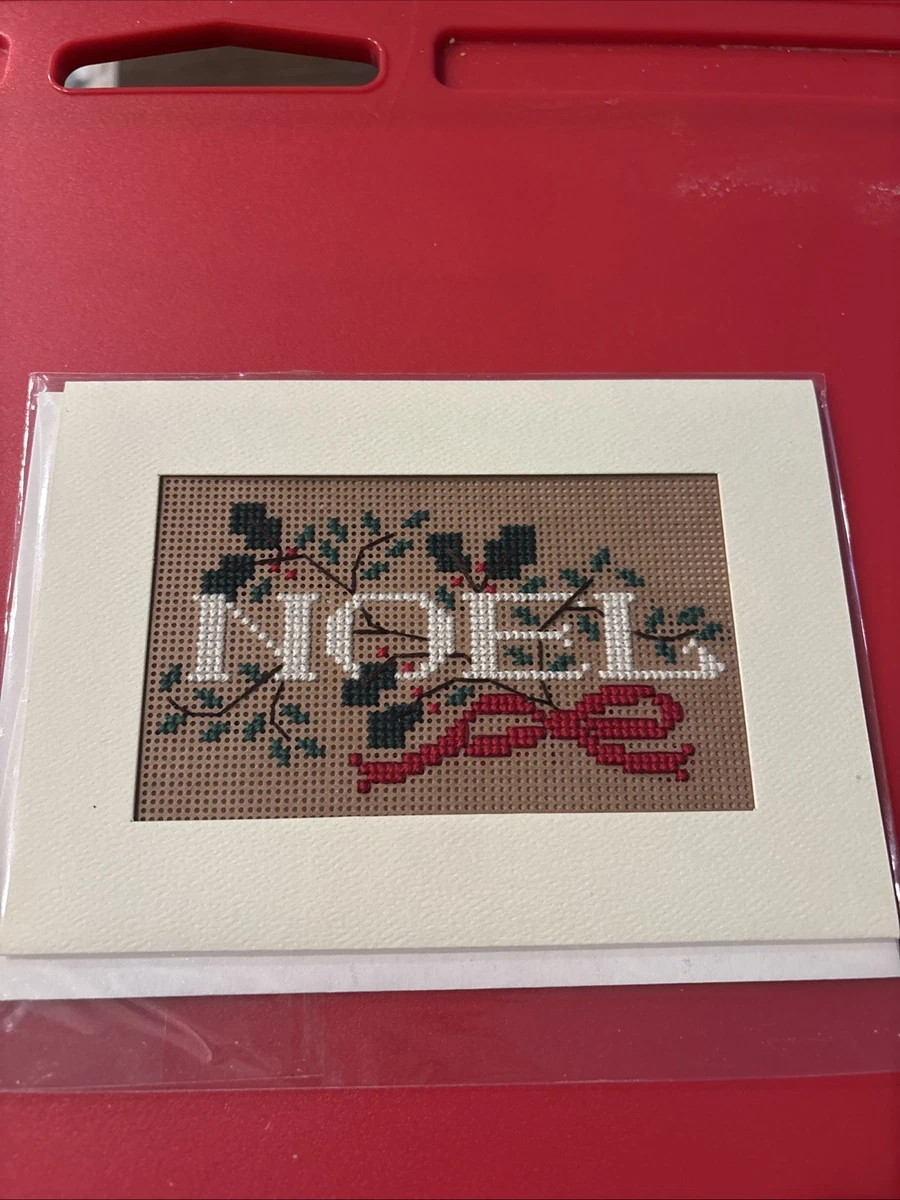 FINISHED COMPLETED CROSS STITCH GREETING CARD ~ Noel with Bow