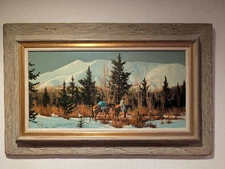 Framed Mark Ogle 1983 "Winter Base" Oil on Masonite Cowboy Packhorse Western Art