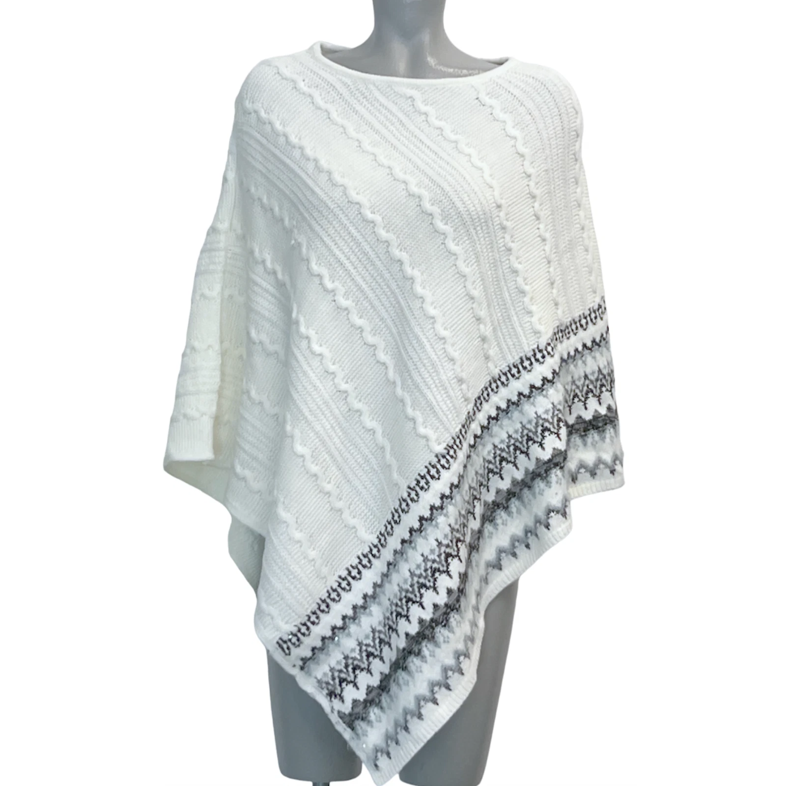 NEW WHITE HOUSE BLACK MARKET WHBM ECRU FAIR ISLE CABLE KNIT SWEATER PONCHO XS/S