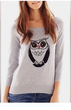 J.C. Penney JCP Women’s Cashmere Modal Blend Owl Sweater Gray 3/4 Sleeve Size XS