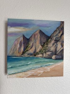 Realism Acrylic Seascape & Mountain Beach Landscape Painting on Canvas, Handmade