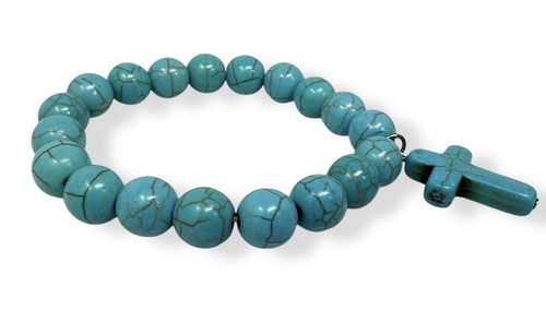 Handmade Howlite Turquoise Cross Bracelet - Stretch Beaded Spiritual Jewelry - Picture 7 of 10