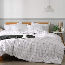100 Natural Cotton 2pcs Plaid Duvet Cover Sets,White with Twin 68" 90" 0603