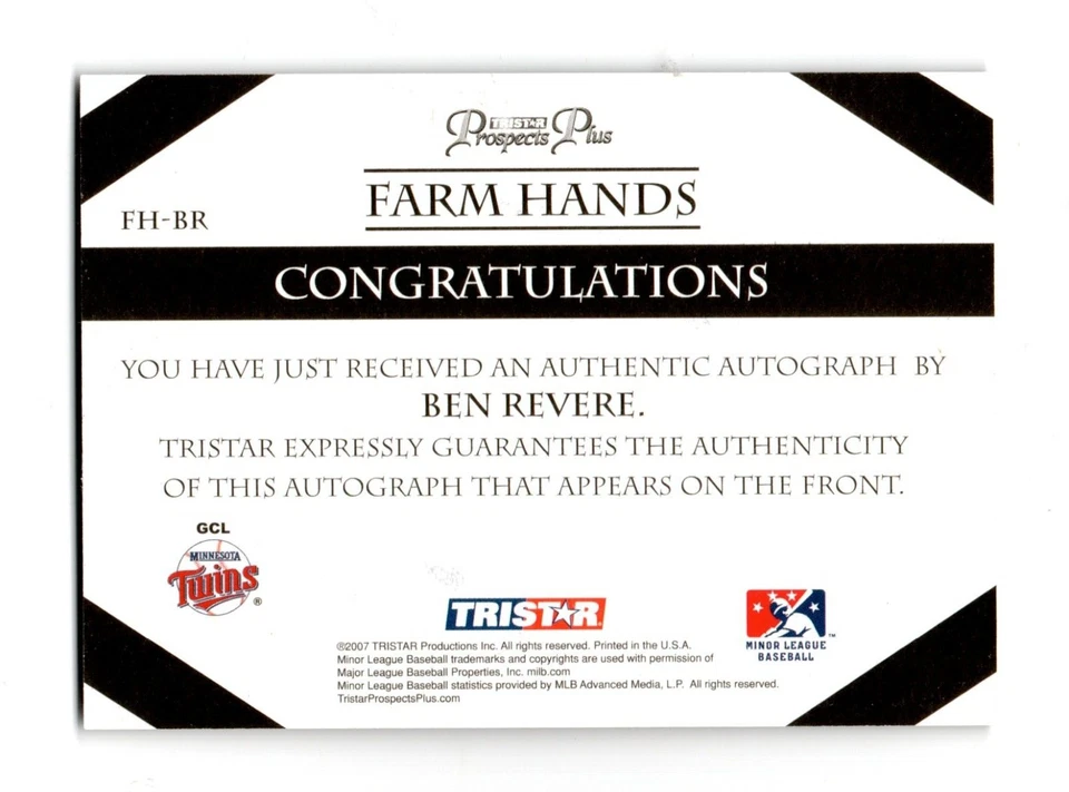 2007 Prospects Plus Farm Hands Rookie Autograph BEN REVERE Minnesota Twins RC - Image 2 of 2