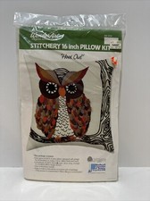 Vintage Hoot Owl Wool Embroidery Pillow Kit 16 WonderArt 9131 NOS Retro DIY