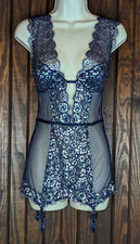 VICTORIA'S SECRET Sheer Lingerie Corset Bustier Navy/ Silver Boning Garters 34B