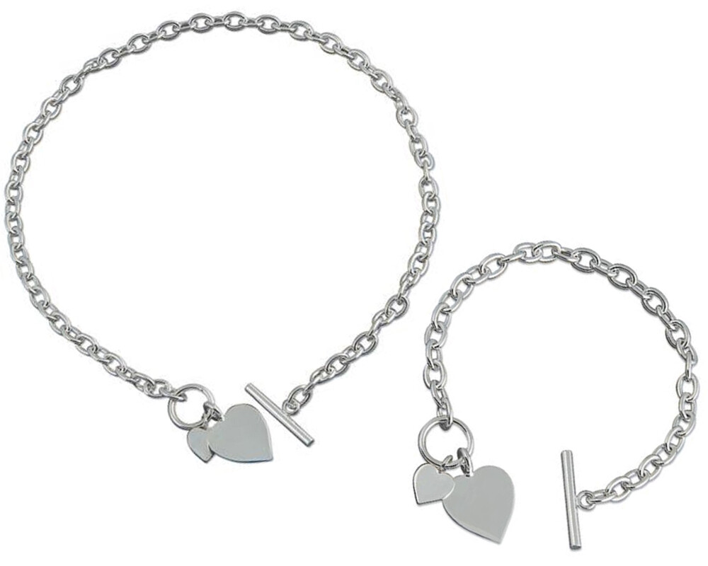 Necklace and Bracelet Set with Double Heart Tag Sterling Silver Bar and Toggle