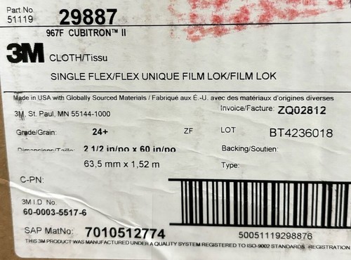 3M 29887 Abrasive Belt 2-1/2" by 60" 24 Grit Cubitron II 967F 5111929887 - Picture 2 of 4