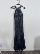 NIGHTWAY Navy Lace Halter Full-Length Gown Prom Wedding Guest F