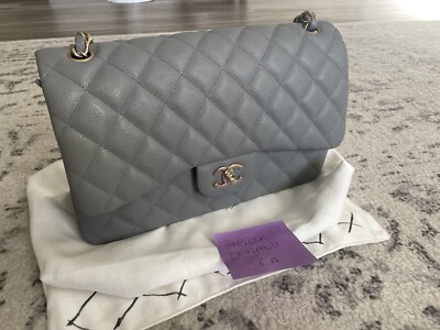 $9900 CHANEL Classic Grey Caviar Gold hardware Jumbo double