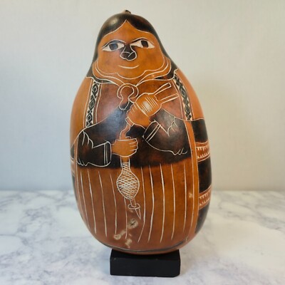 Vintage Hand Carved & Painted Gourd Native American Women 7'' on Stand