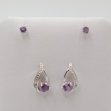 2 Set Purple Heart w/CZ Bead Accent Stud Earrings .925 Sterling Silver - BS374